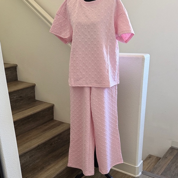 Double Take Pants - NWT Soft Pink Two-Piece Textured Travel Set - Short Sleeve,Wide Leg Ankle Pant